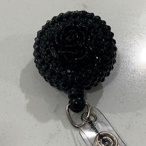 Custom Black Badge Reel Clip with Black Crystals and Flower
